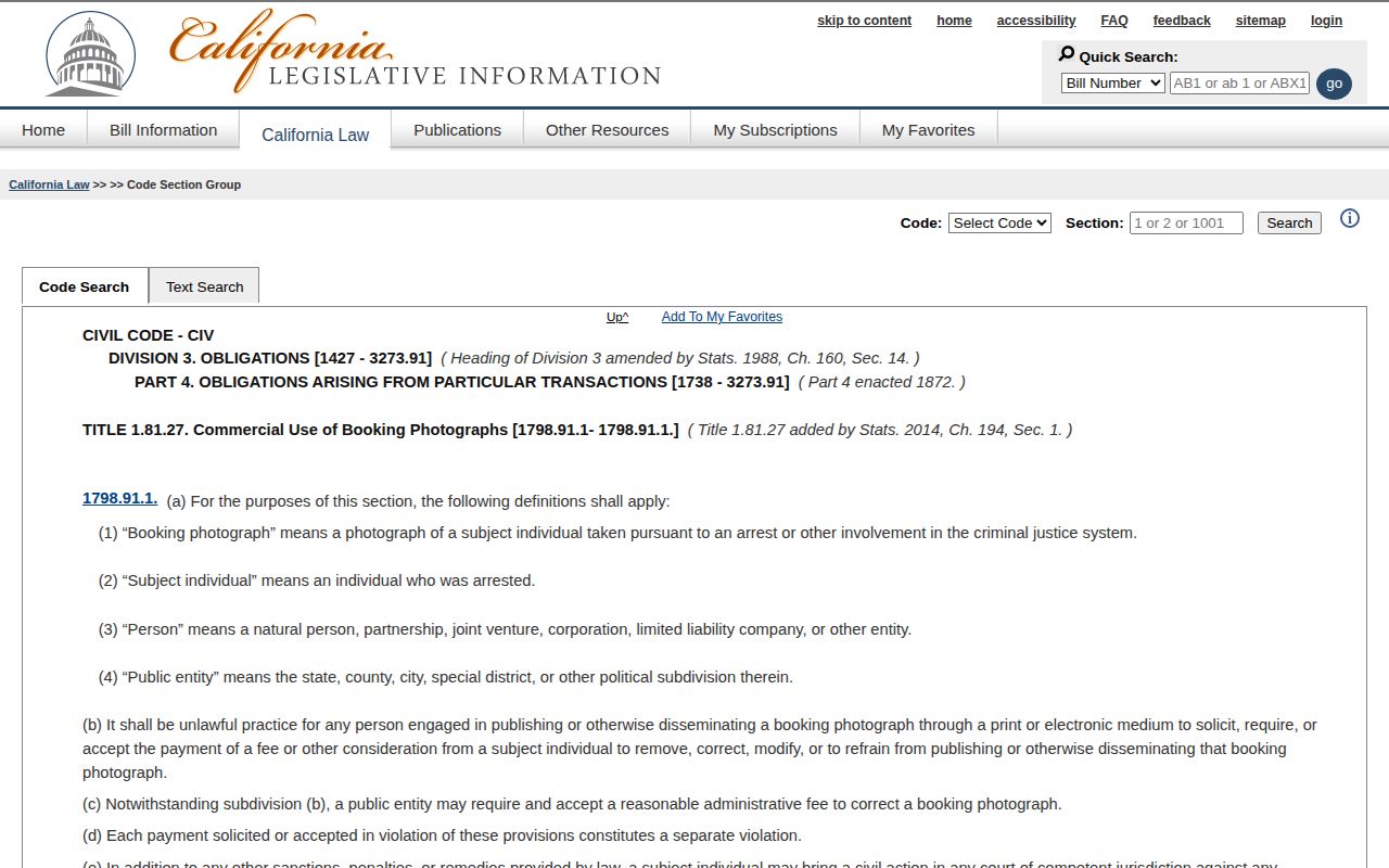 California Civil Code booking-photo correction and removal law for San Bernardino County records