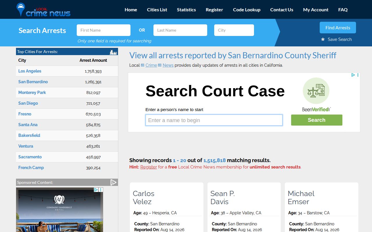 Unofficial San Bernardino County arrest listing index
