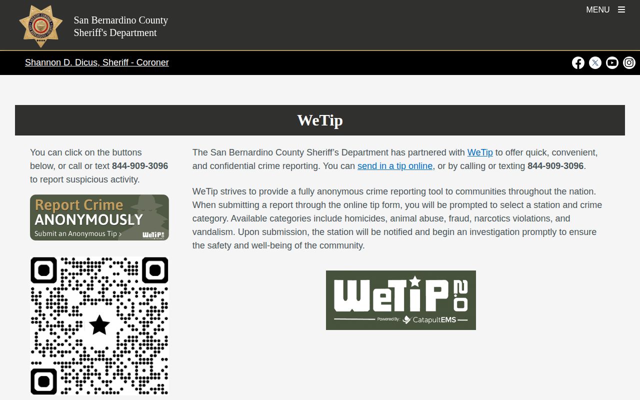 San Bernardino County Sheriff's Most Wanted confidential WeTip interface