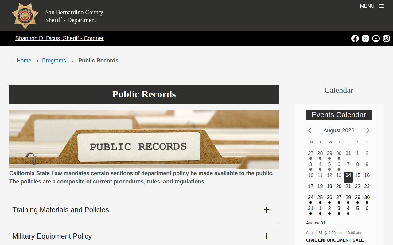 San Bernardino County Sheriff booking-photo and public-record request policy